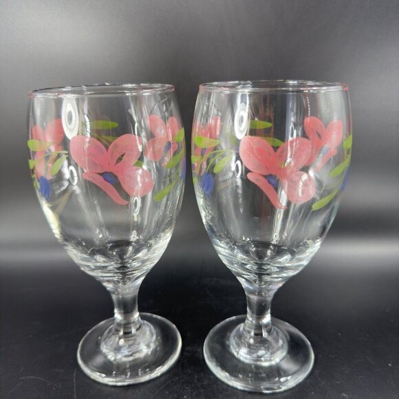 Libbey Barware Glasses Pink Flowers Water Goblet Drinking Glasses Set 2 VTG - Picture 10 of 14